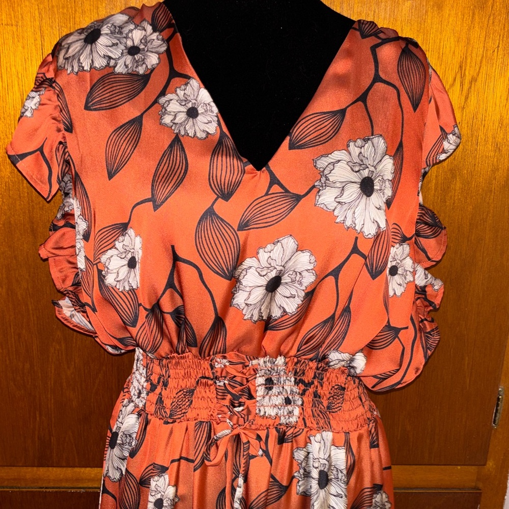 Cotton Chicks Ruffle Sleeve Dress in Rust Floral SZ MED - Picture 3 of 12
